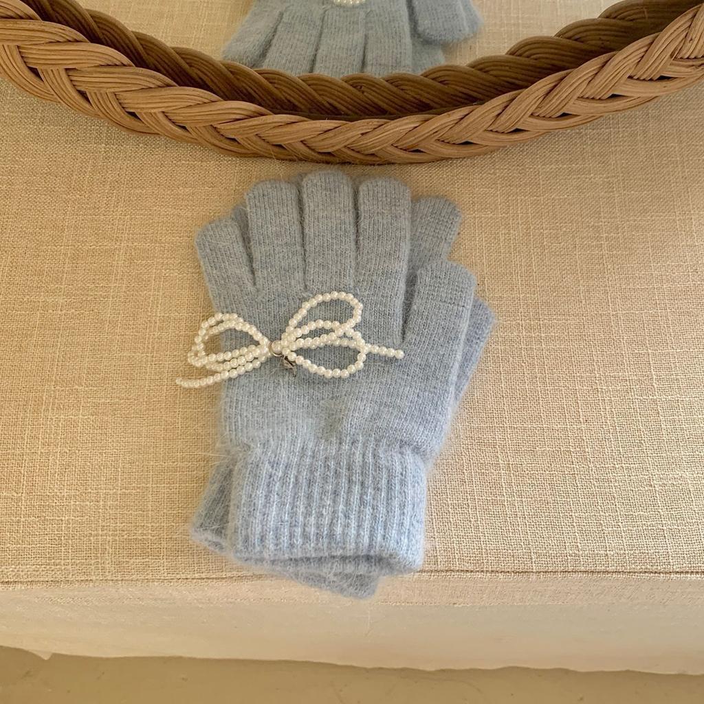 Autumn new Korean rabbit fur solid color cute pearl bow knitted wool finger gloves