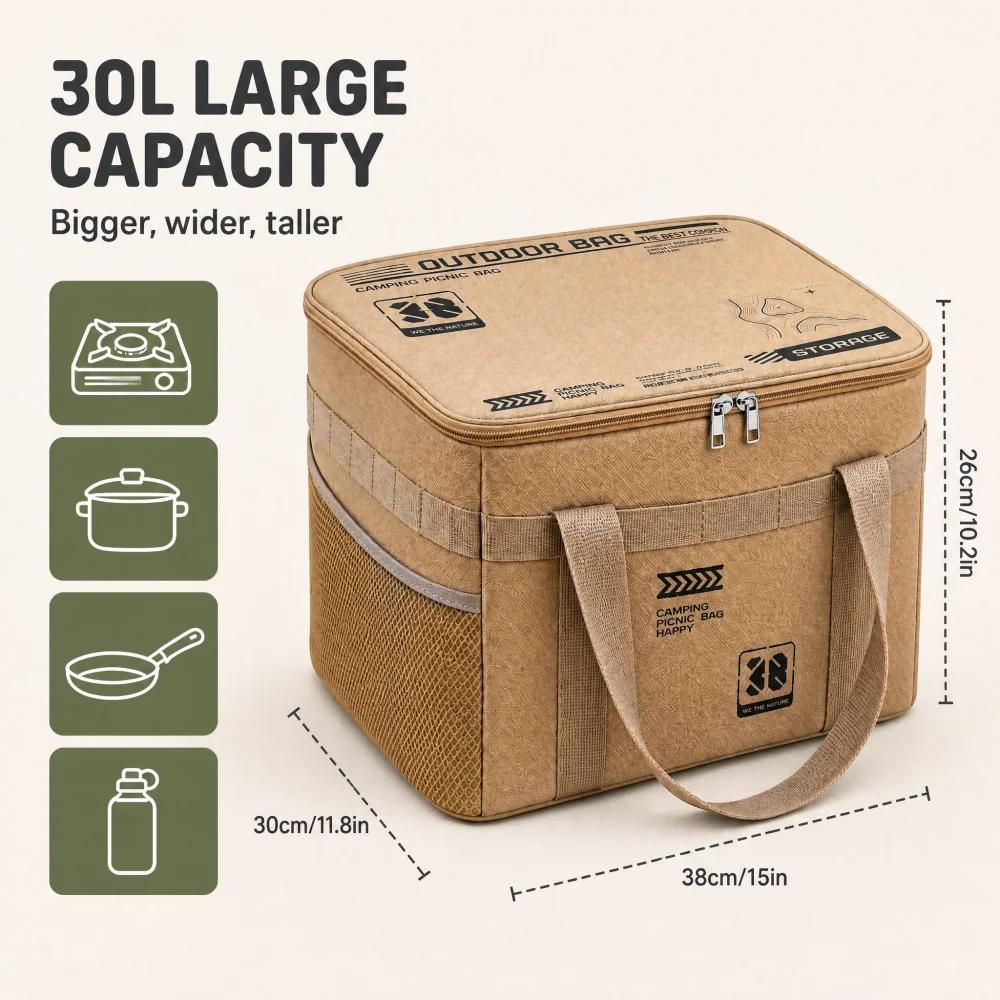 30L Large Capacity Camping Cookware Storage Bag Waterproof Outdoor Camp Kitchen Organizer Picnic Carry Bag for Stove Pot Pan