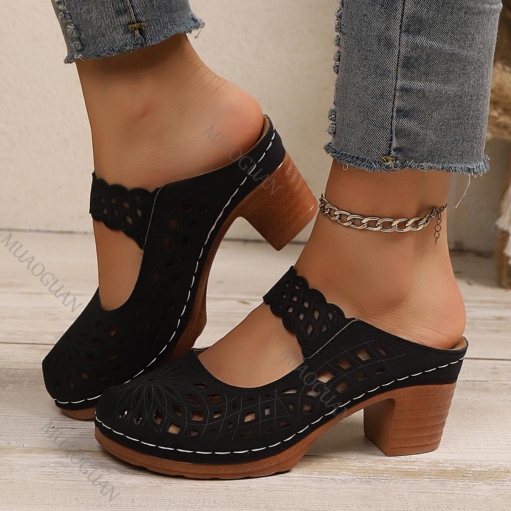 Fashion Shoes for Woman Thick High-heeled Slippers Summer New Hollow Out Female Sandals Casual Baotou Half Slipper Roman Women's Shoes