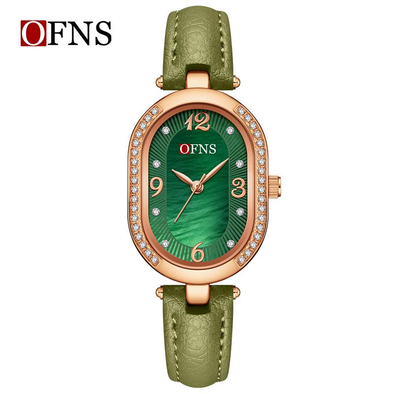 Oufanni Women's Vintage-Style Diamond-Inlaid Oval Mother-of-Pearl Watch - Waterproof Quartz with Light Luxury Appeal
