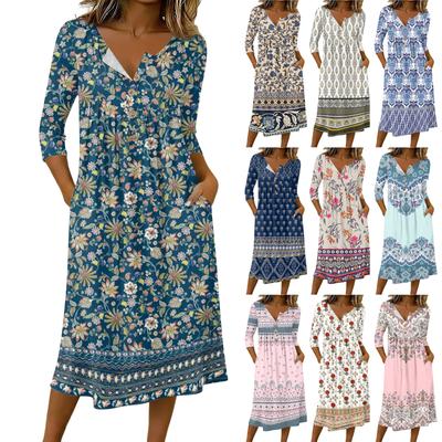 Women's Fashionable Color Printed Round Neck 3/4 Sleeve Button Collar Mid Length Casual Dress
