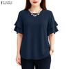 ZANZEA Women Casual Round Neck Ruffles Short Sleeve Loose Solid Blouse