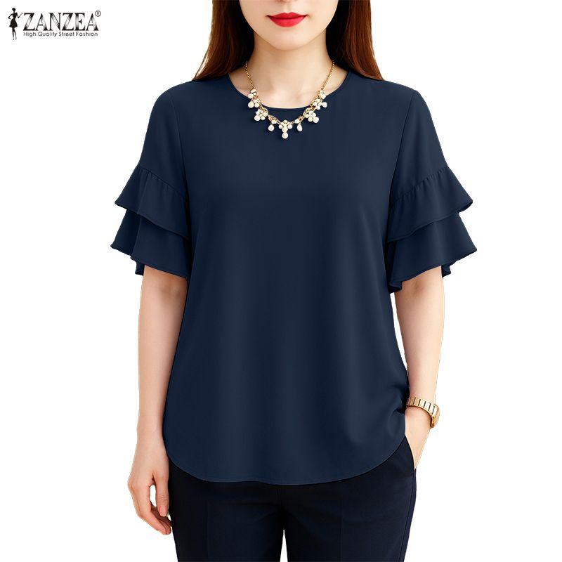 ZANZEA Women Casual Round Neck Ruffles Short Sleeve Loose Solid Blouse