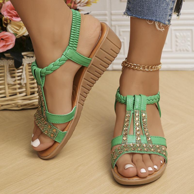 Women's Plus Size Peep Toe Wedge Sandals, Bohemian Elastic Strap Rhinestone Casual Daily Footwear