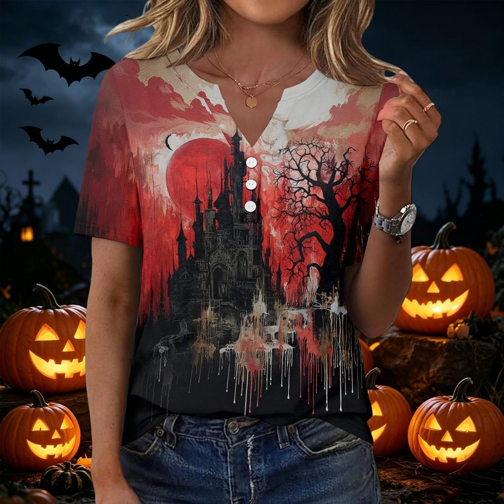Women's Fashion Casual Halloween Print V Neck Short Sleeve Button T Shirt Top Suitable for Everyday Wear and Seasonal Events