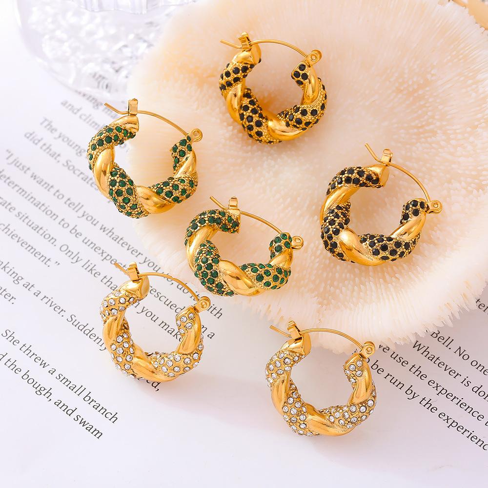 Wind New Inlaid White, Green and Black Diamonds Twisted Shape Earrings Temperament Personalized Design Titanium Steel Plated 18k Real Gold Women