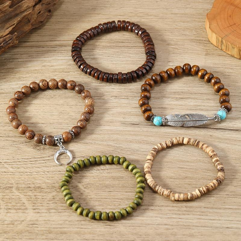 Hot Sale Simple Fashion Feather Crescent Wood Bead Beaded Bracelet Jewelry