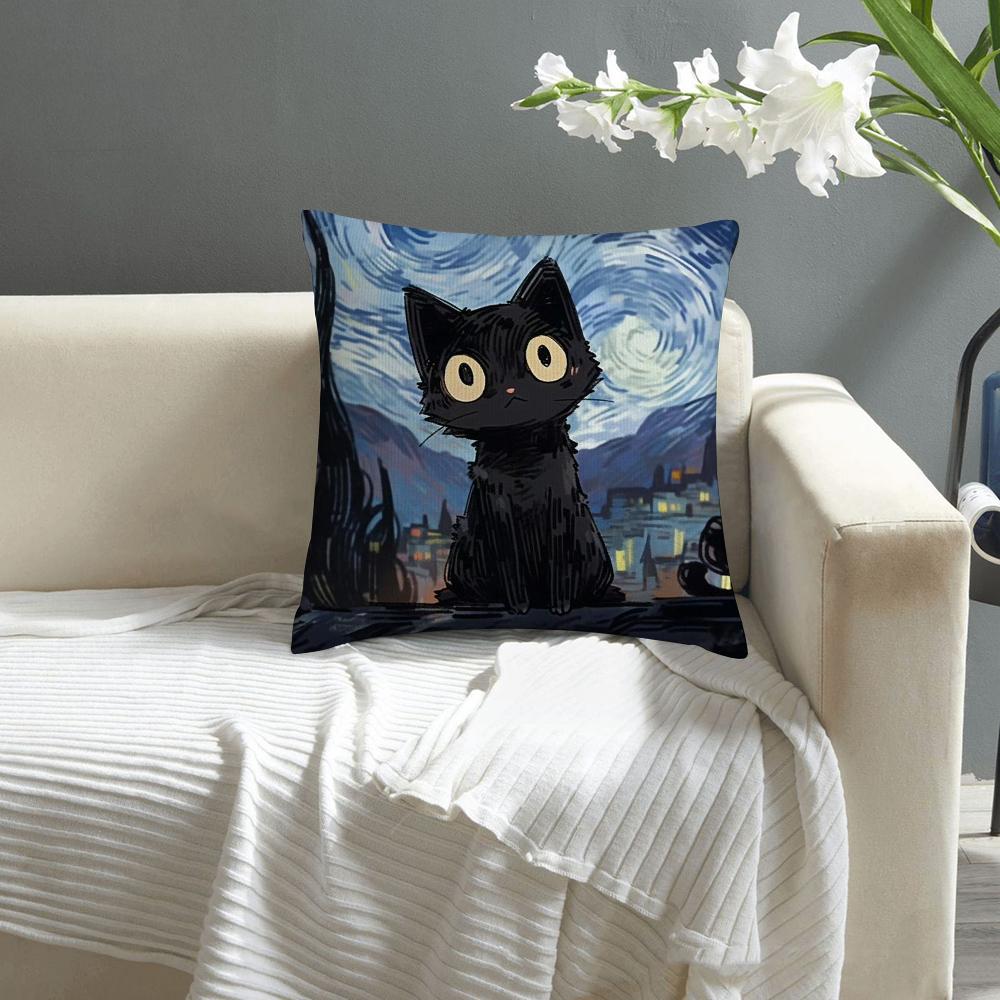 Van Gogh Starry Sky Cat Pillow Case Sofa Decorative Home Double-sided Print Plush Square Throw Pillow Covers Cushion Decor Cover