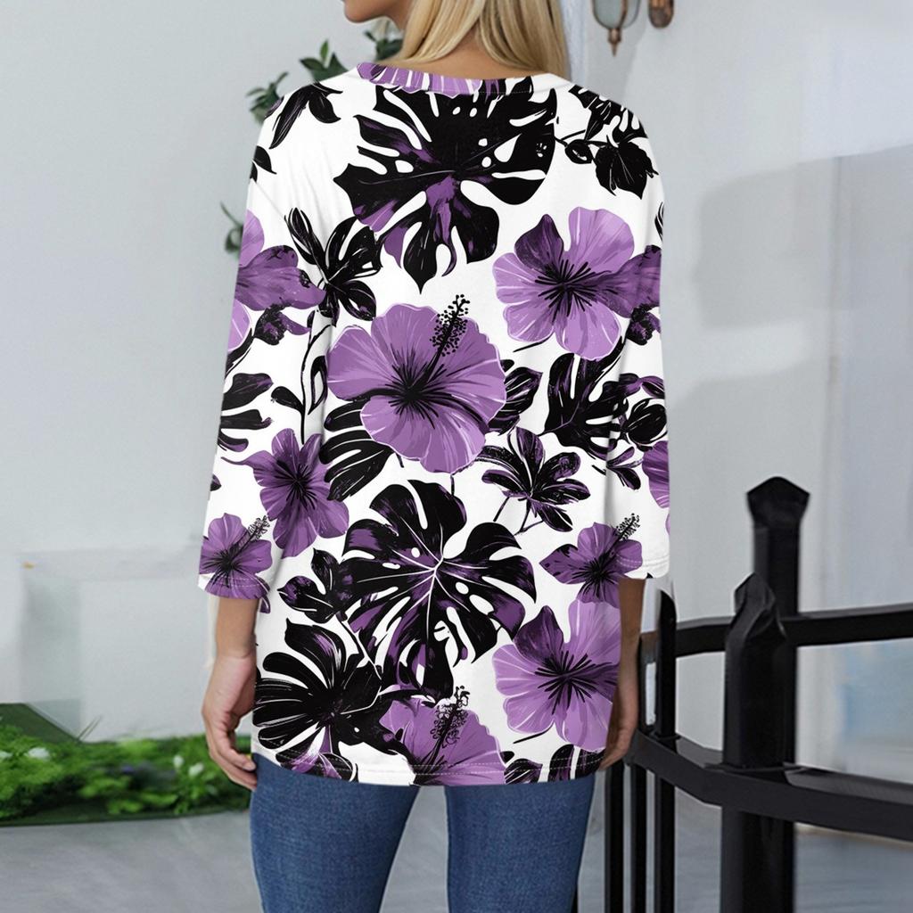 Women's Fashion Casual Round Neck 3/4 Sleeve Printed T-Shirt Ladies Top