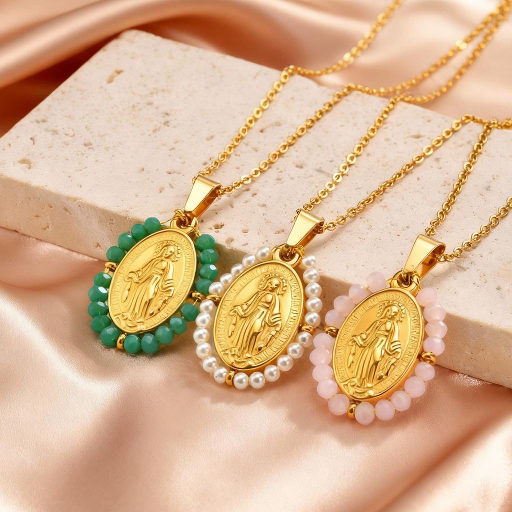 Classic Virgin Mary Pendant Necklace for Women, Zircon Imitation Pearl Natural Stone Bead Charm Necklace,Stainless Steel Jewelry