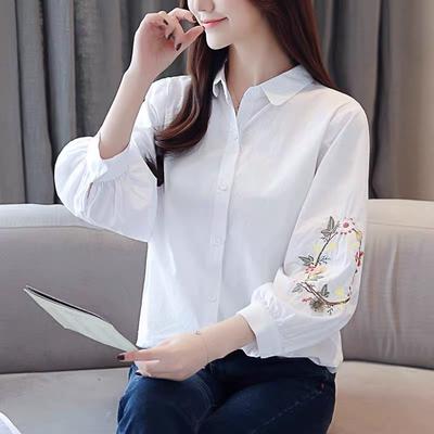 Spring Women Embroidered Shirt Summer Nine-point Sleeve Shirt Literary Women Temperament Lapel Casual Tops