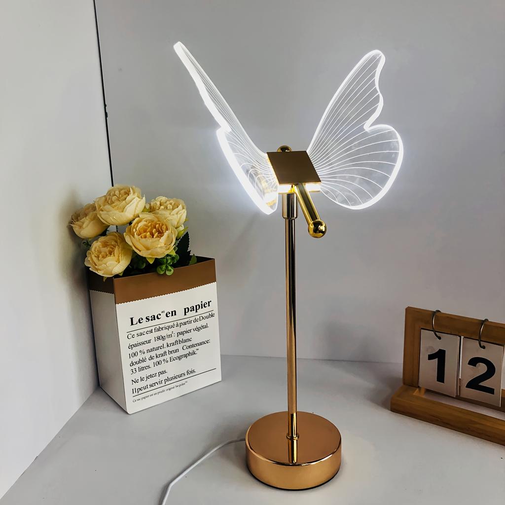 1PC USB Power Butterfly LED Desk Lamp | Modern Polished Metal with Acrylic Lampshade, Tricolor Dimmable Lighting