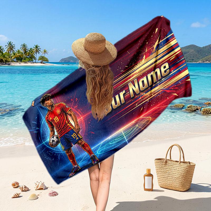 Asciugamano da Spiaggia Personalizzato Lamine Yamal, Stampa Testo Nome Personalizzato, Asciugamano Morbido ad Asciugatura Rapida con Logo Calcio, Regalo per le Vacanze