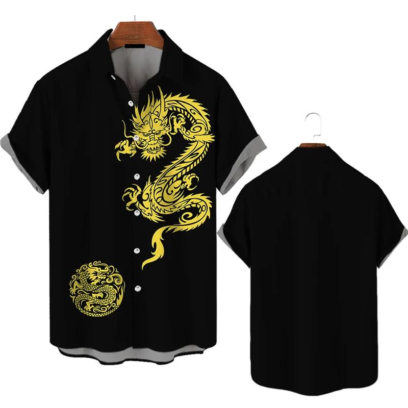 3D Dragon Printing Men's Short Sleeve Shirts Casual Fashion Lapel Buckle Men Clothing Daily Breathable Plus Size Shirts For Men