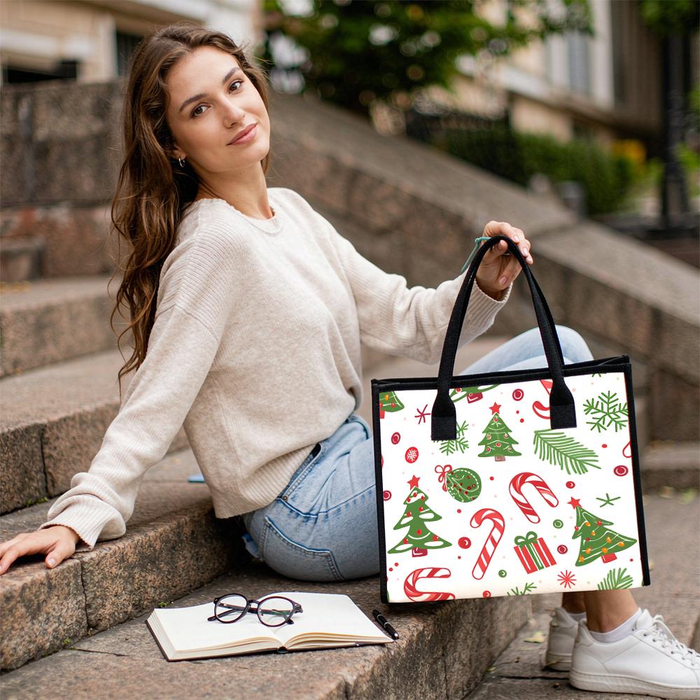 Christmas Pattern Large Tote Bag Portable Daily Carry Holiday Shopping Handbag for Women