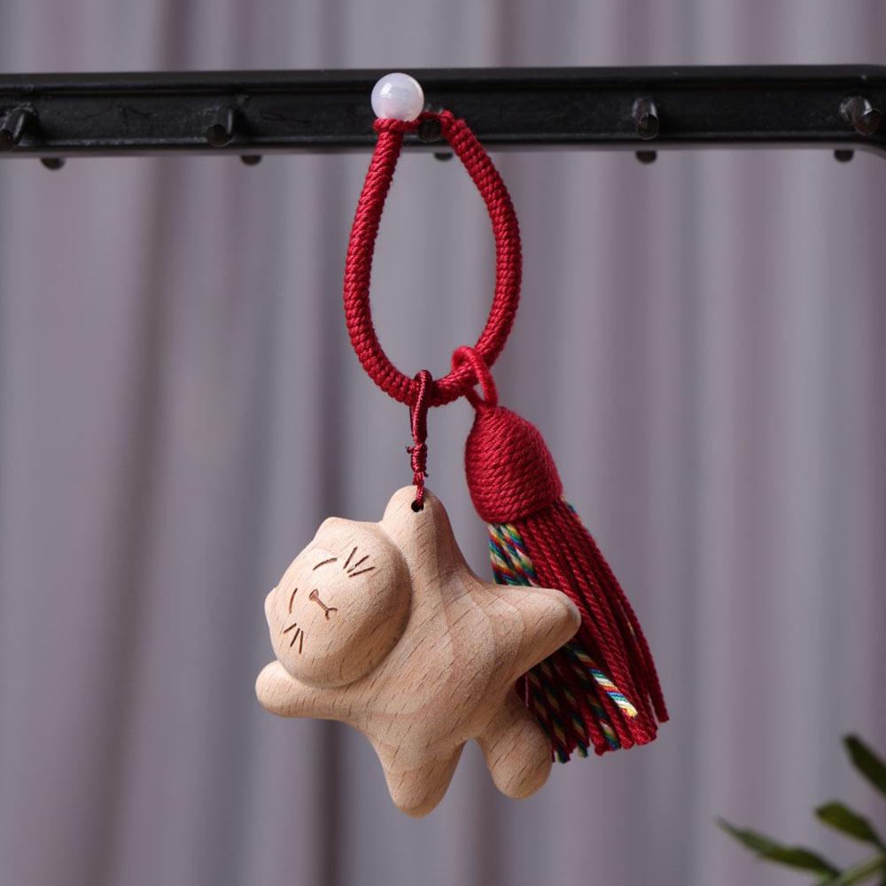 Carved Sandalwood & Beechwood Cat Couple Keychain with Moon & Stars Pendant