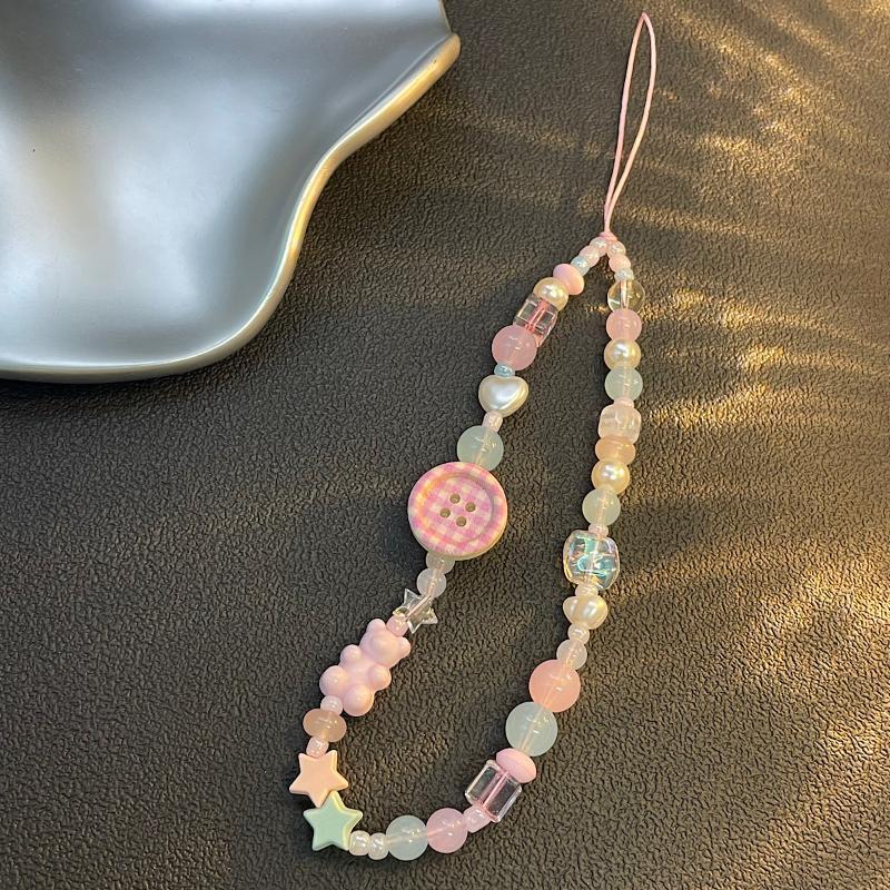 3D Pink Button Beaded Phone Lanyard Korean Style Cute Anti-Lost Phone Chain Universal Wrist Strap for Smartphone Decoration