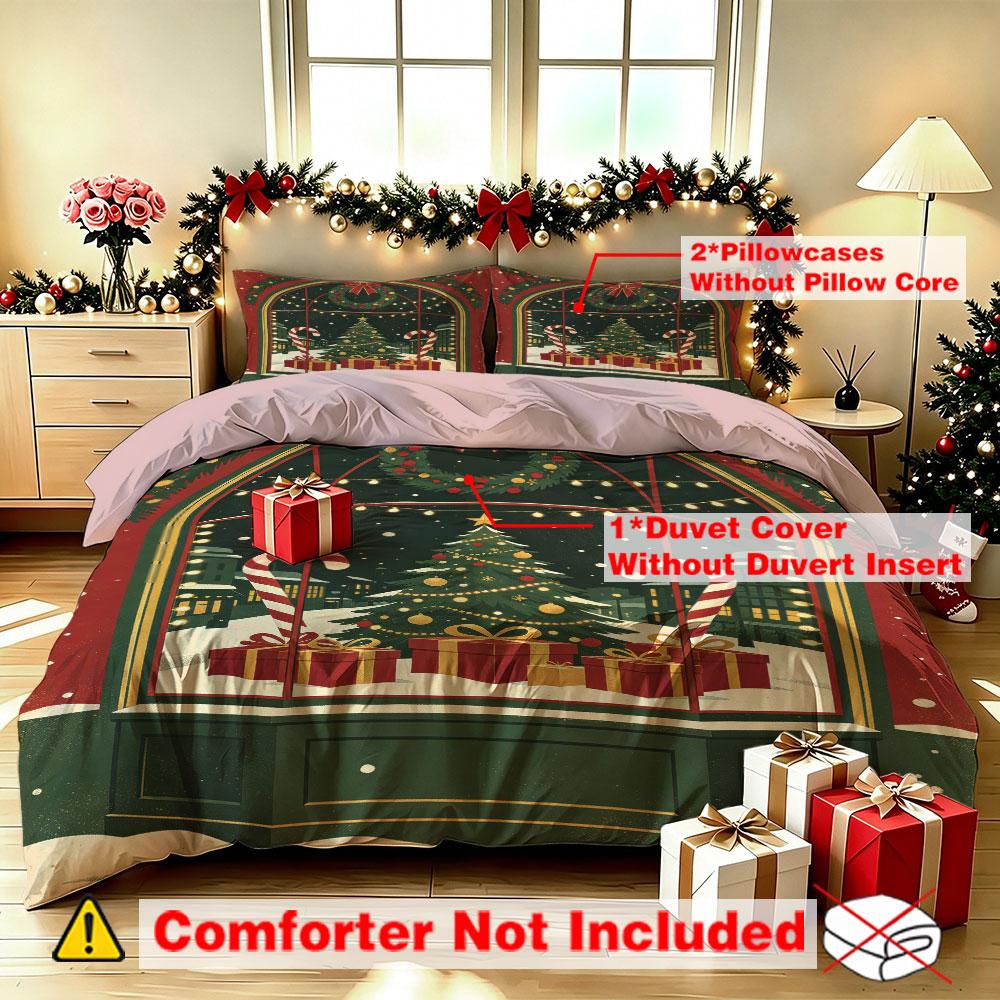 Christmas Duvet Cover Set 3Pcs Xmas Tree Gift Candy Cane Window Print Soft Microfiber Bedding with Pillowcases