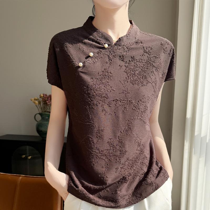 Retro Button-up Three-dimensional Jacquard Knitted Short-sleeved T-shirt for Women, Summer Lightweight Sleeveless Top