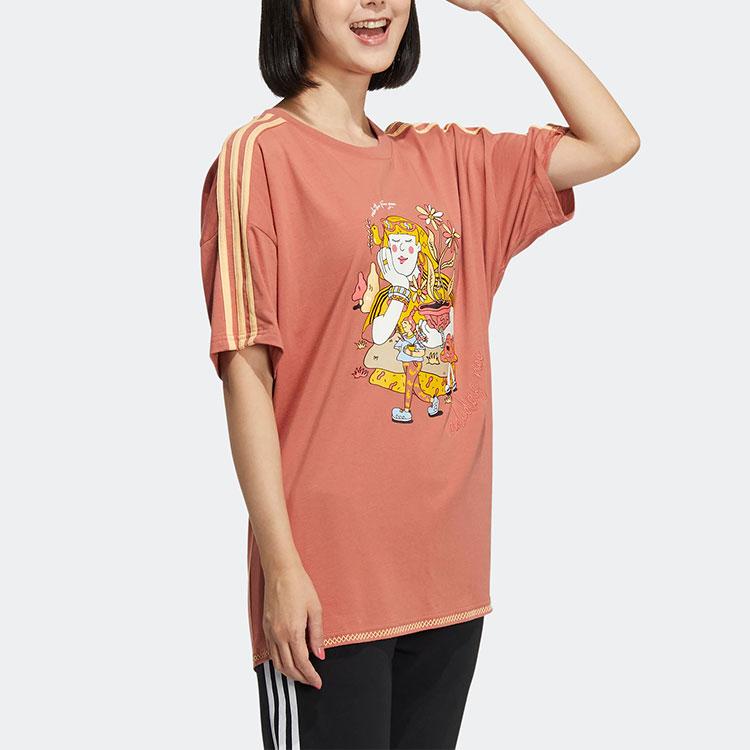 Adidas Neo Cartoon Character Floral Print Striped Casual Sports Drop Shoulder T-Shirt Women T-Shirt Brown Red HH7663