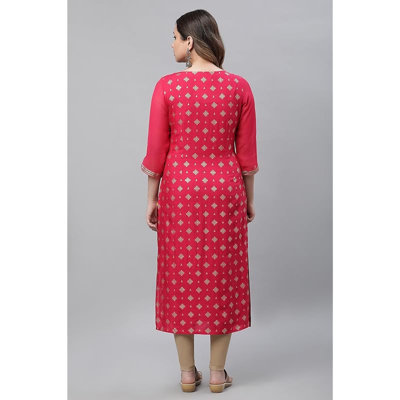 Aurelia Pink Foil Pattern Lace Straight Long Kurta S