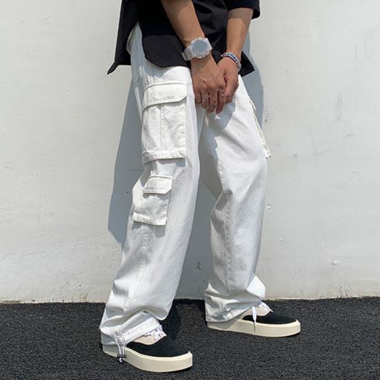 Men Cargo Pants Solid Color Hip-hop Style Loose Pattern Multi Pockets Elastic Waist Men Trousers Daily Clothes