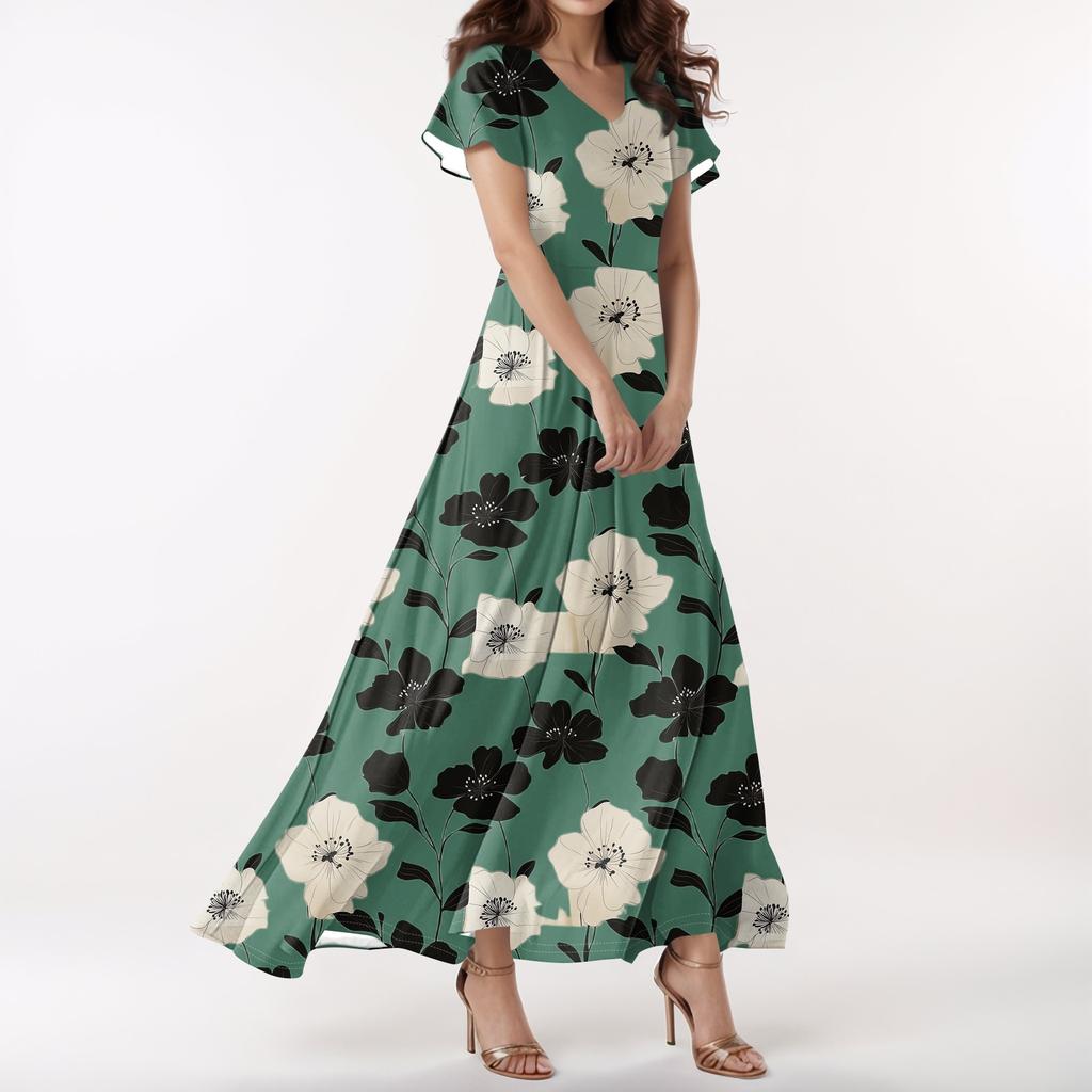 Lässiges Damenkleid mit V-Ausschnitt, kurzen Ärmeln und hoher Taille, Retro-Blumenblatt-Print