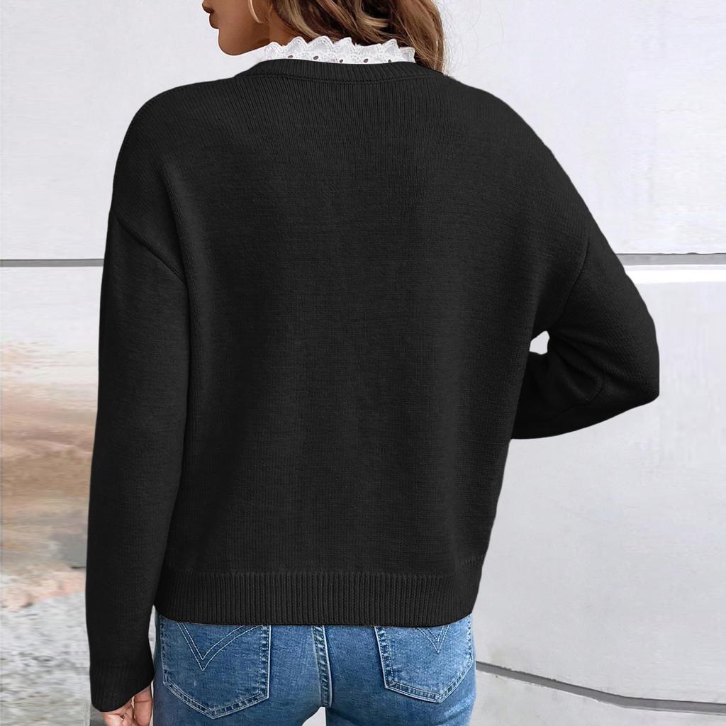 Ladies' Fashion Lace Lace V-neck Sweater Color Loose Long Sleeve Women's Knitted Sweater