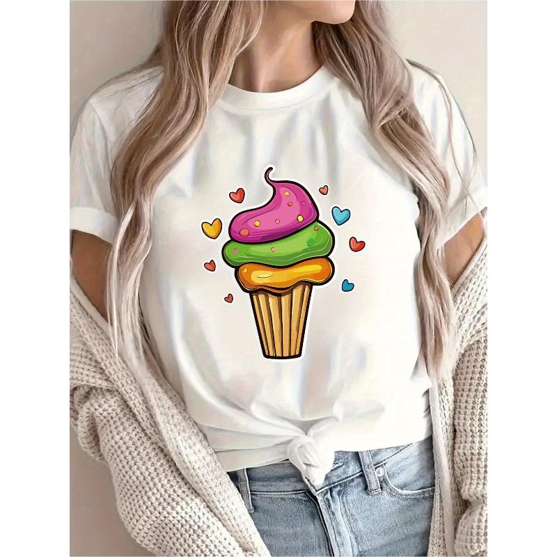 

[New Recommendation] Ice Cream Pattern Printed T-shirt, Women s Casual, Vacation, Short-sleeved Round Neck, Spring and Summer, Machine Washable, 4XL білий