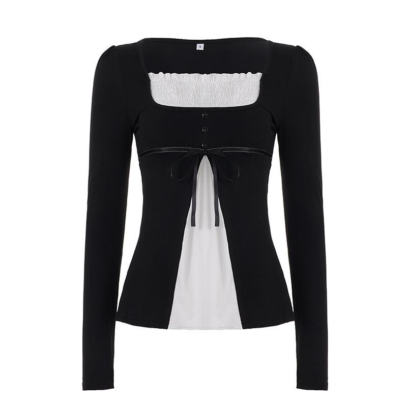 

French Color Block Pleated Square Neck Long Sleeve A-line Top with Lace-up Waist for Autumn/Winter Small (S)