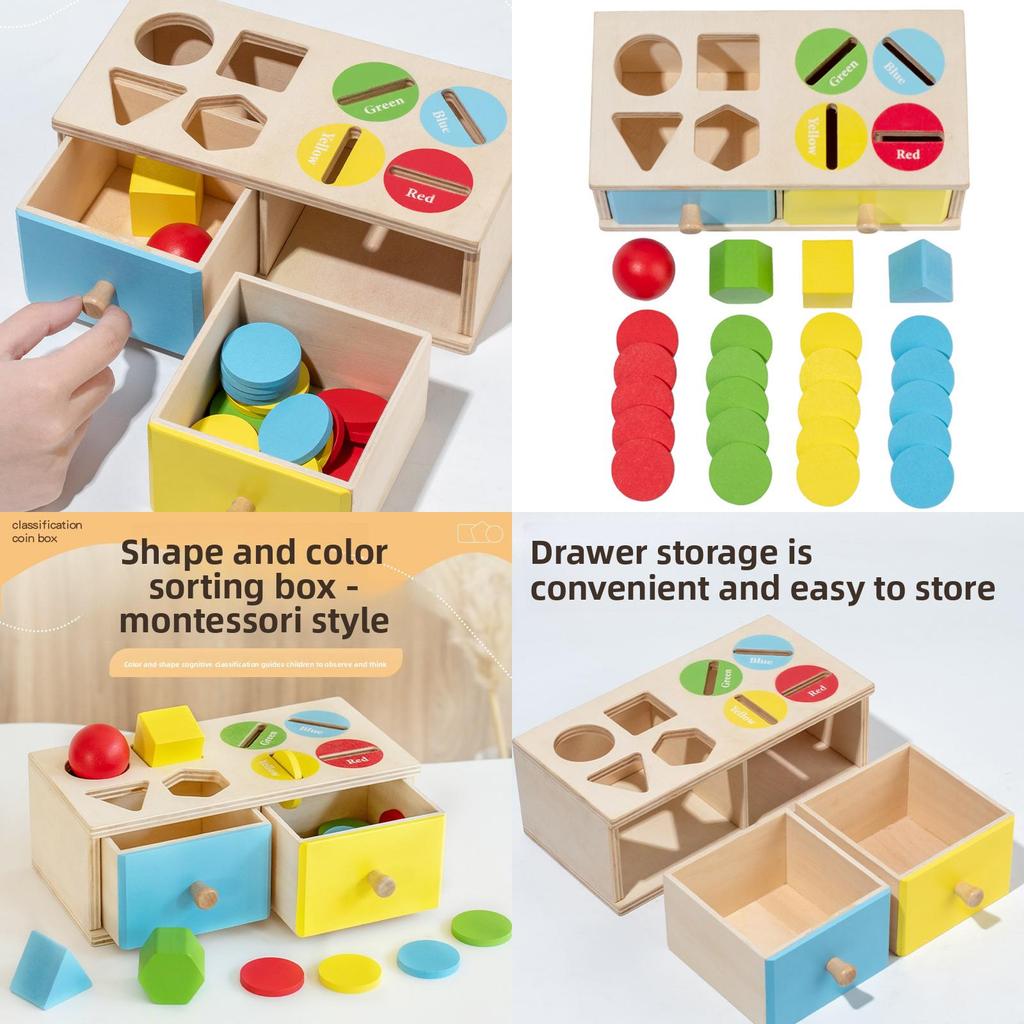 Kids Wooden Geometric Coin Box With Color Matching And Cognitive Toy Learning