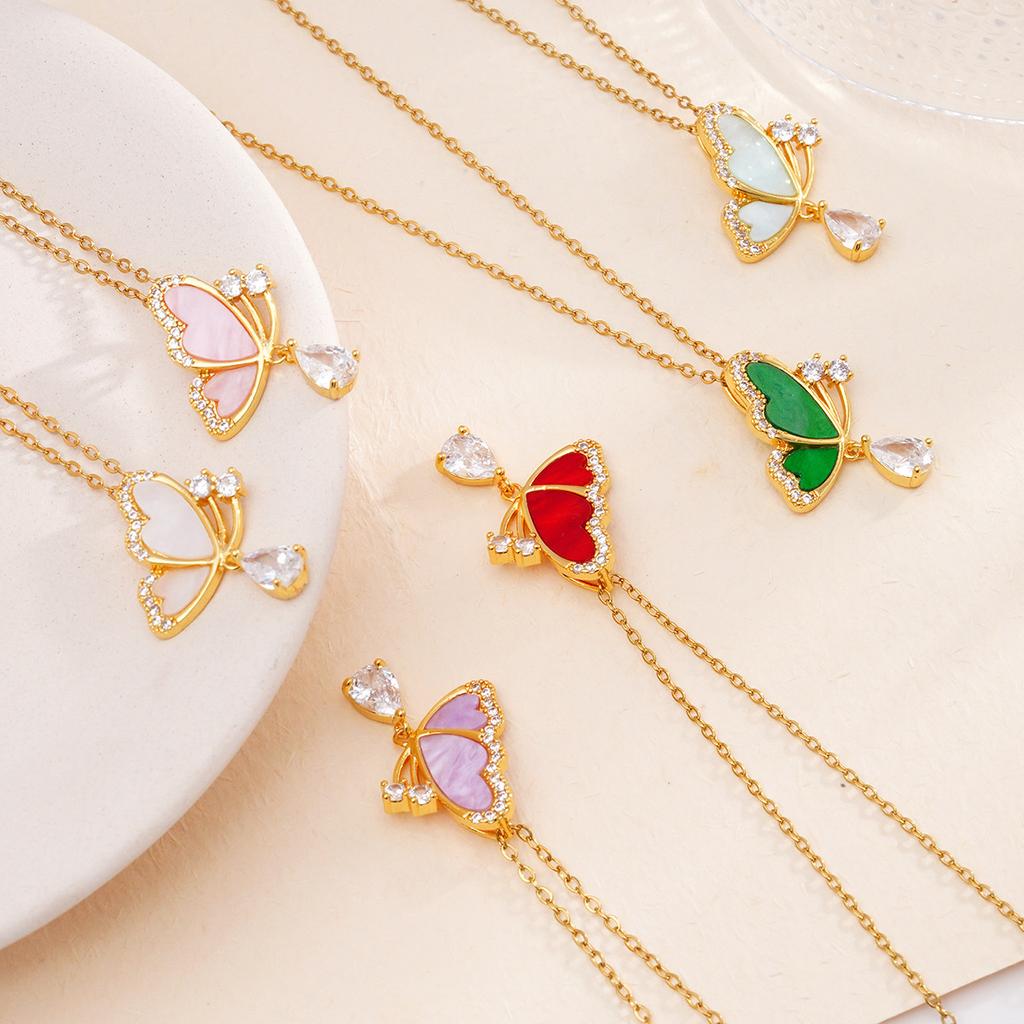 Fashion Shell Butterfly Zircon Pendant Necklace Gold Color Stainless Steel Chain Jewelry Gifts for Women Teen Girls