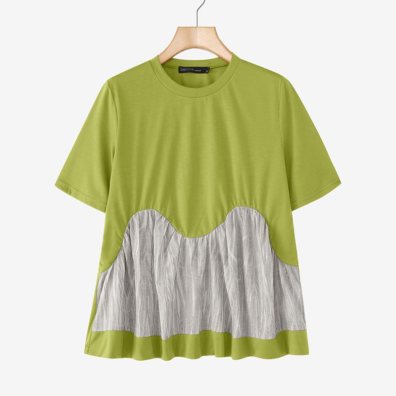 

ZANZEA Женские летние повседневные футболки с круглым вырезом и коротким рукавом в стиле пэчворк 5XL зелёный