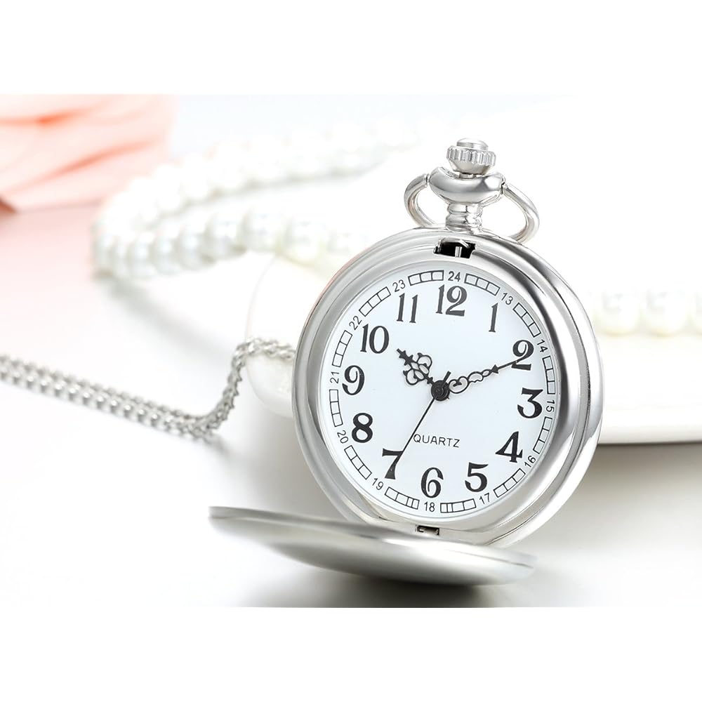 שרשרת שעון כיס בסגנון עתיק JewelryWe, שעון תליון, סגנון מלא צייד עם מראה מלא, כסף פשוט, סגסוגת, מתנה ליום האהבה