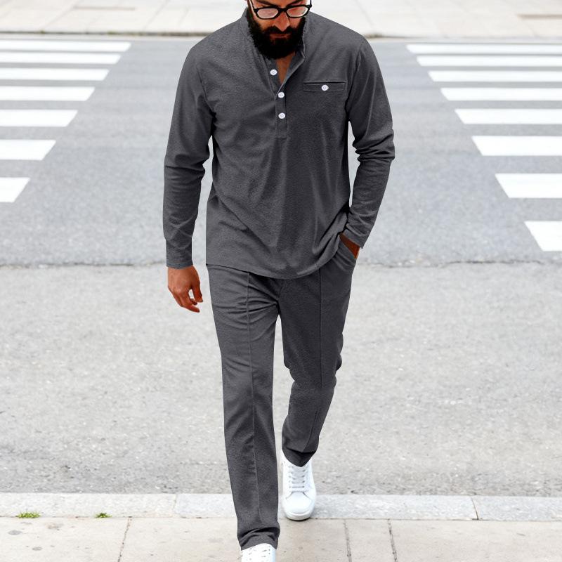 Spring and Autumn Men's Loose Retro Simple Commuting Casual Henley Shirt Long Sleeve Pants Suit