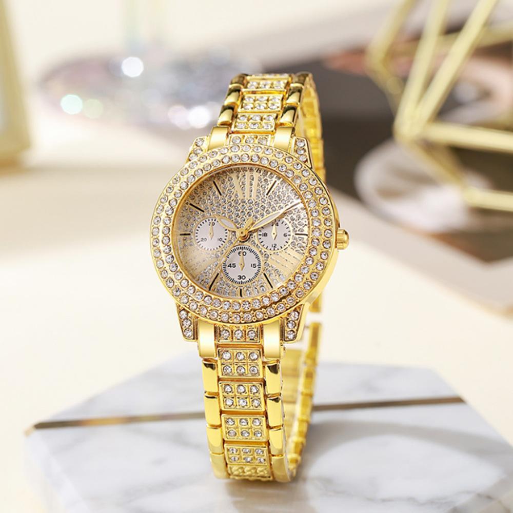 Damski Zegarek Róg Obfitości Casualowy Cyfry Rzymskie Kwarcowy Zestaw, Bransoleta z Pełnymi Diamentami Zegarek Modowy