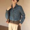 Damska koszula dżinsowa w stylu retro, niebieska, z prostymi ramionami – inspirowany stylem francuskim projekt na wiosnę i jesień 2023
