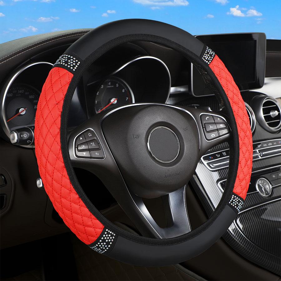 Universal Car Steering Wheel Cover 37-38cm Leather Embroidered Color Diamond-Studded Elastic Four Seasons Steering Wheel Cover