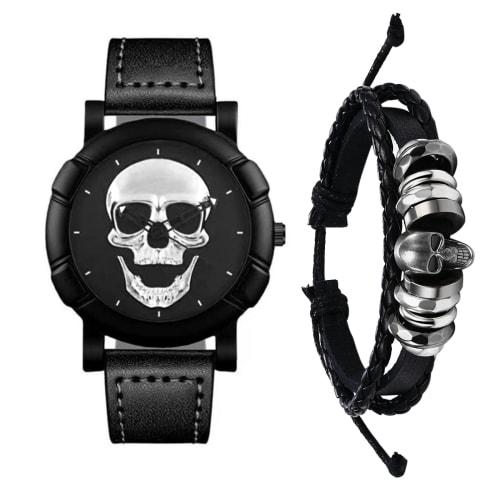 

Мужской набор часов-браслетов Seiko Skull (2 куска): Часы в стиле стимпанк, мужские, дисковые, водонепроницаемые, с ручным заводом, кожаный браслет, серебристые, Perfec
