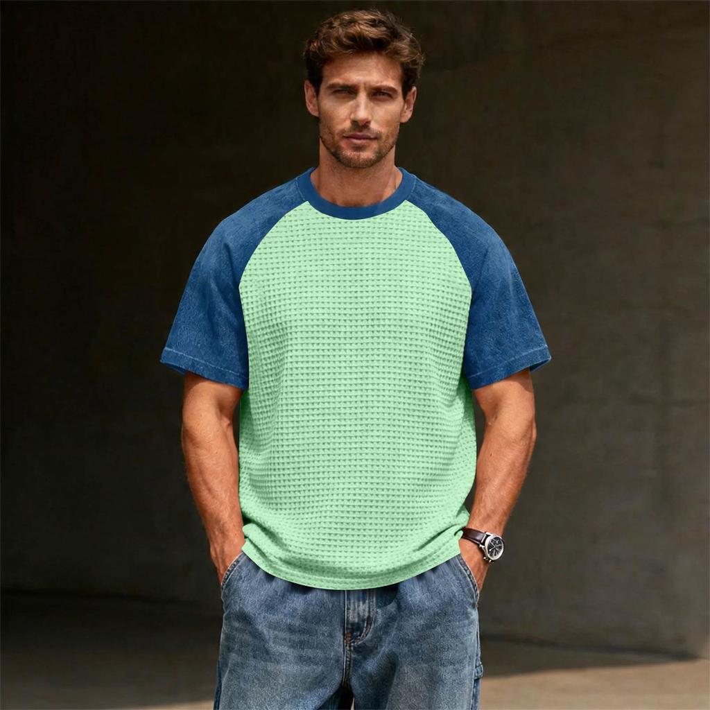 Men's Casual Lightweight Waffle Knit Raglan Short Sleeve Crew Neck Shirt Loose Fit Big Size Top for Everyday Wear