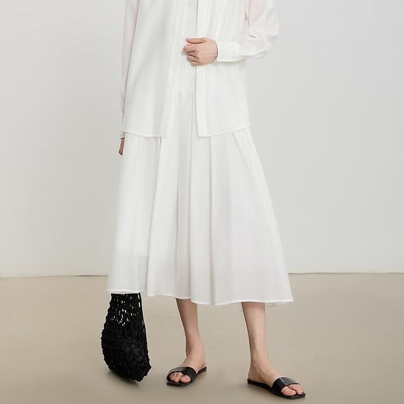 Lace-Spliced A-Line Midi Skirt L
