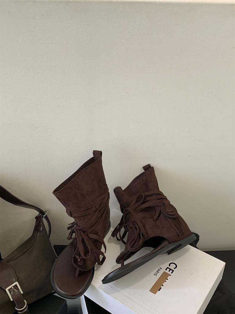 Inner height-increasing cool boots New open-toed niche western boots straps Roman herringbone toe summer sandals women