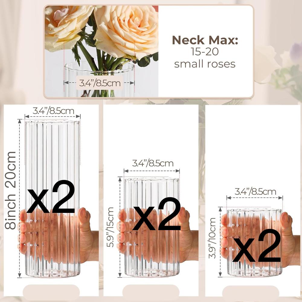 Glass Cylinder Vases Clear Ribbed Bud Vases for Centerpieces Weeding Decoration, 4 inch 6 Inch 10 Inch Tall Clear Flower Vases