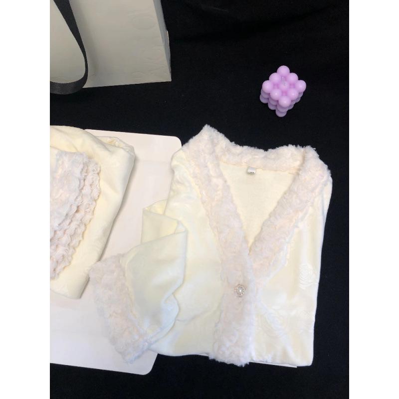 

Женский пижамный комплект из розового флиса - Лонгслив и брюки, осенне-зимний стиль M кремовый