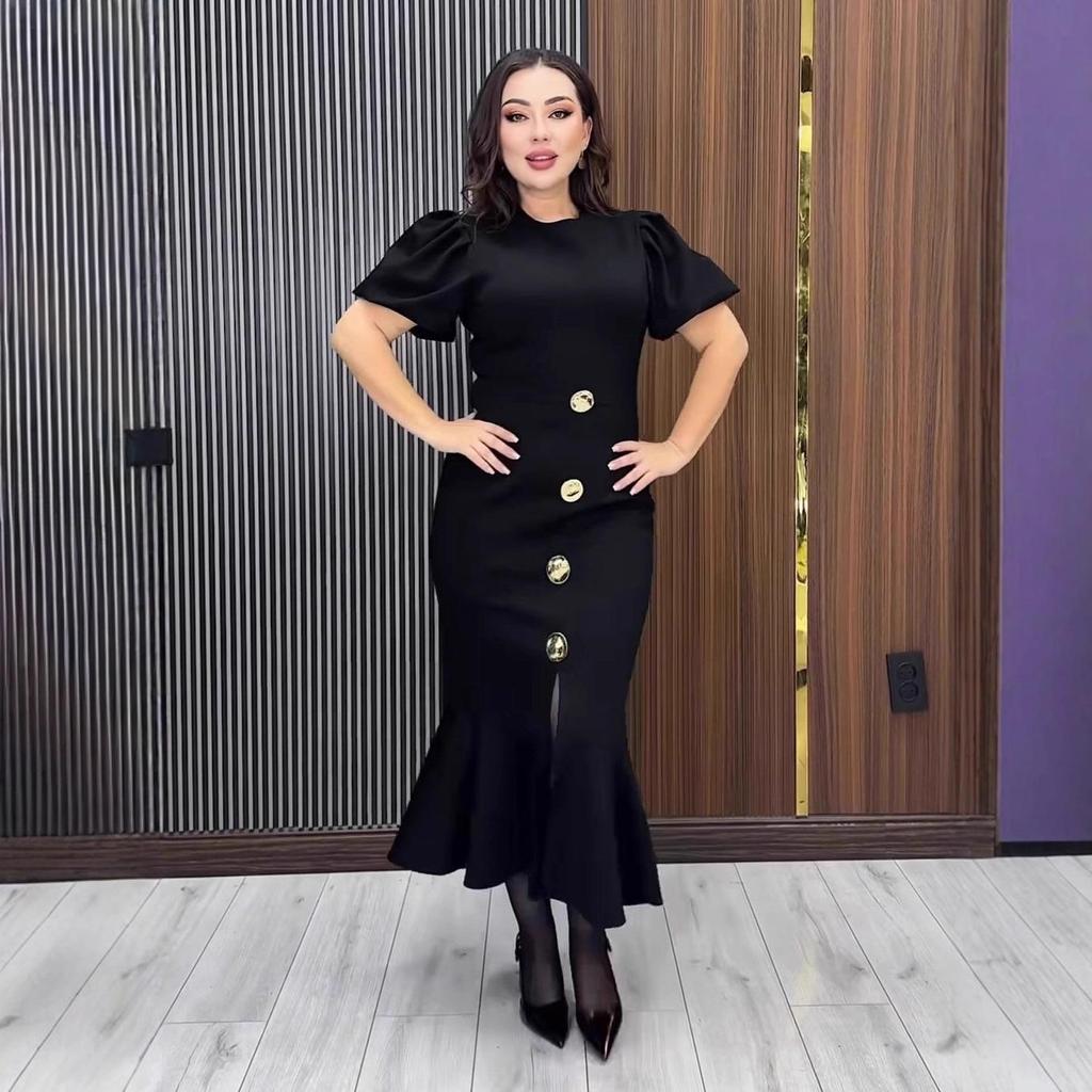 2025 Autumn Elegant Fishtail Dress - Solid Color, Short Sleeve, Slim Fit, Round Neck