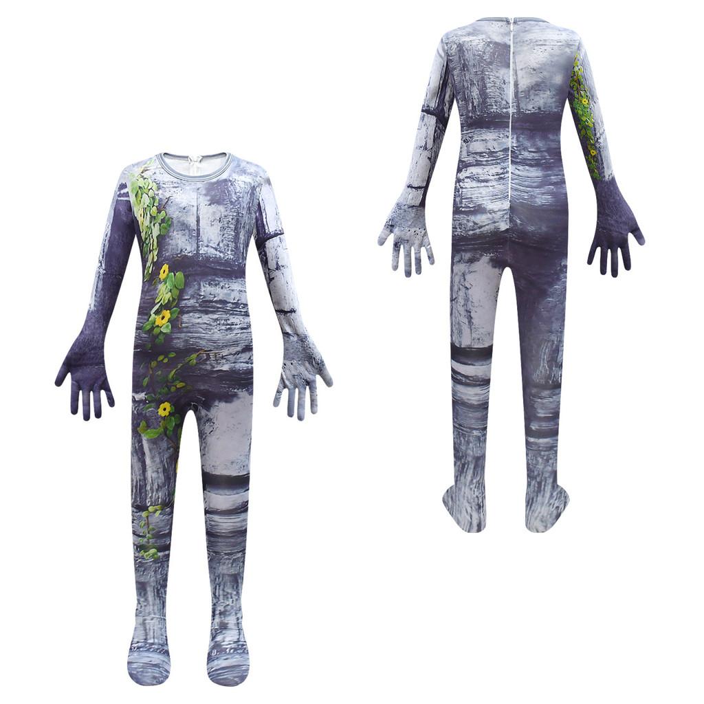 Kids Boys Game Character Stone Print Jumpsuit Mask Set Outfit Halloween Cosplay Costume