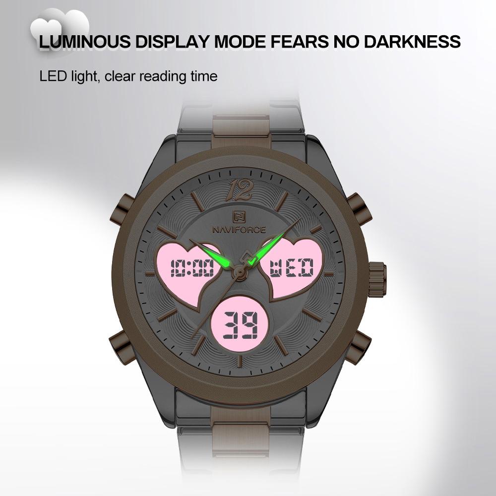 Naviforce Women Quartz LCD Digital Watch Waterproof Stainless Steel Strap NF5045S