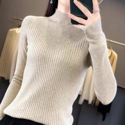 Autumn and Winter New Semi-turtleneck Long-sleeved Women's Worsted Wool Vertical Striped Knitted Sweater Pullover Sweater Bottoming Shirt