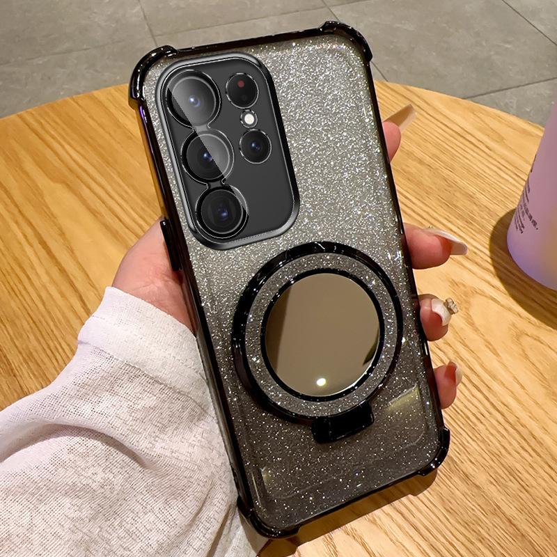 Suitable for Samsung S25 Ultra Electroplated Four Corner Airbag Mobile Phone Case S24 Makeup Mirror A17 Bracket A26 Anti Fall Cover 5