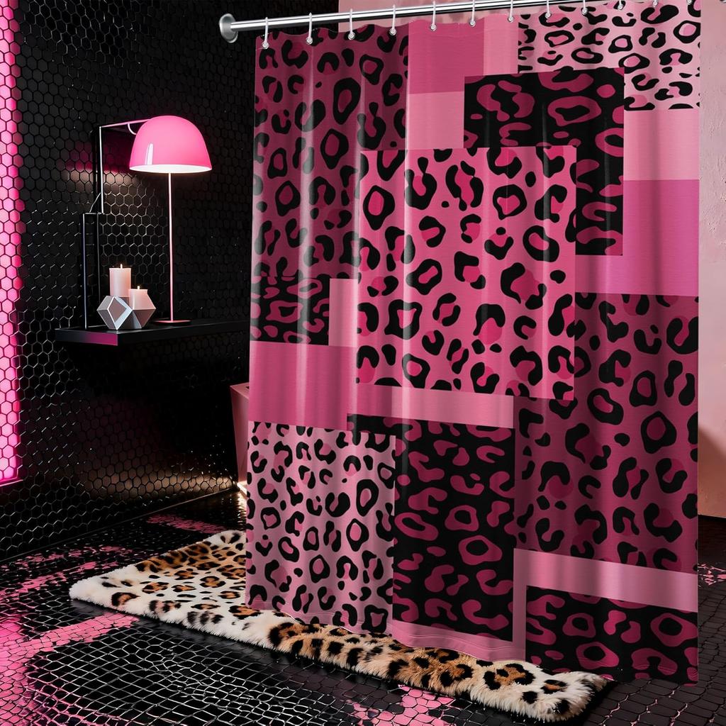 Dark Pink Leopard Shower Curtain Hot Pink Geometric Cheetah Print Shower Curta for Girls Bathroom Decor, Waterproof Fabric 70 x 72 inch with Hooks